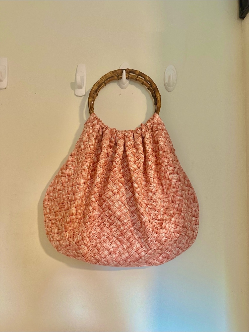 Pink Woven Bamboo-Handle Tote Bag Hawaiian bag Lauhala